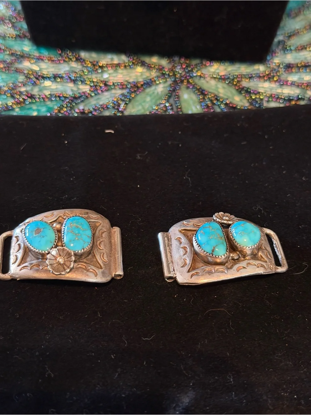 Beautiful Vintage Turquoise & Sterling Large Watch Band Tips